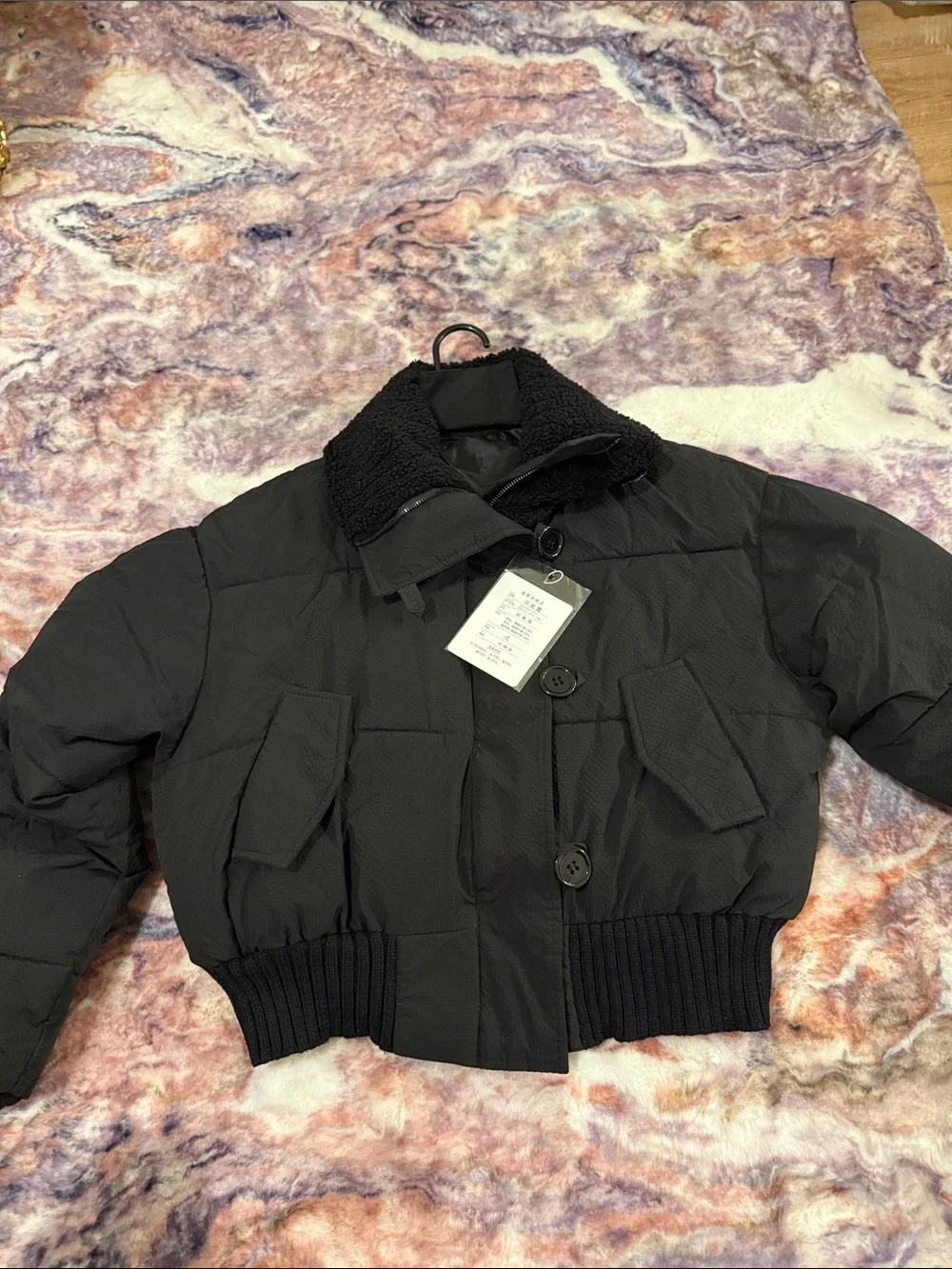 Black Cropped Puffer Jacket with Sherpa Collar